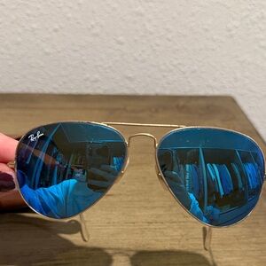 Ray-Ban Aviator Sunglasses with Blue  Lenses and Gold Frames. USED